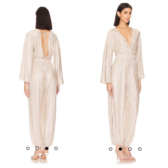 Misa Amina Jumpsuit One Piece Long Sleeve Ivory Metallic Plisse Size XS NWT